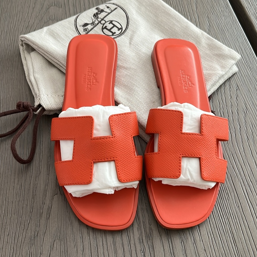 Hermes Oran Orange Epsom Calfskin Sandals Sz 34 / 4 Sold Out